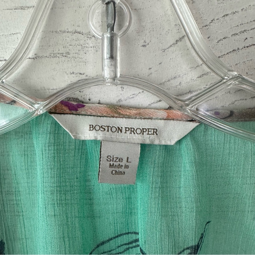 BOSTON PROPER Sheer Beaded Embellished Flutter Sleeve Baby Doll Blouse L Boho - Picture 2 of 10